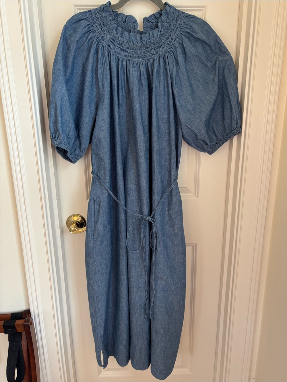 J Crew Chambray Smocked Neck Puff Sleeve Midi Dress with lace-up back
